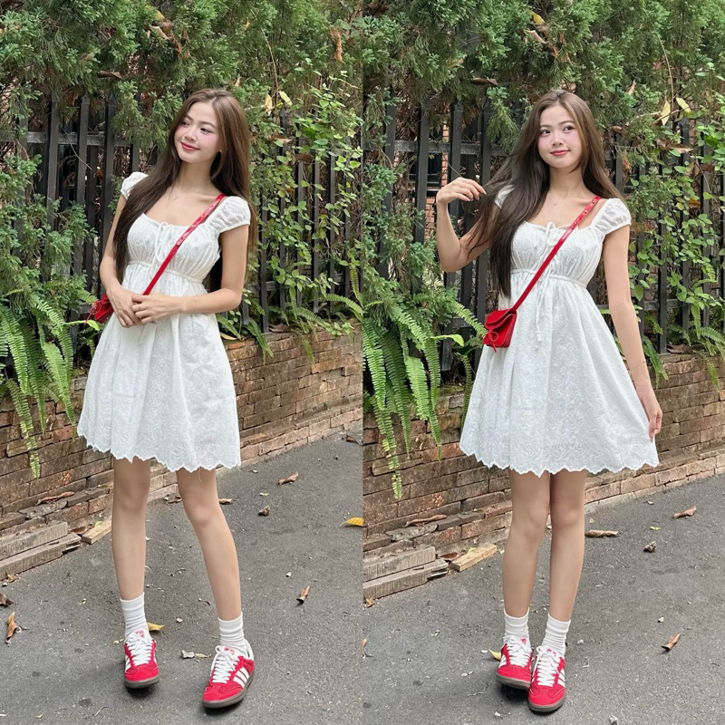 (Real Photo) Lace babydoll Short Floral Embroidery Bucket Dress Wearing ...