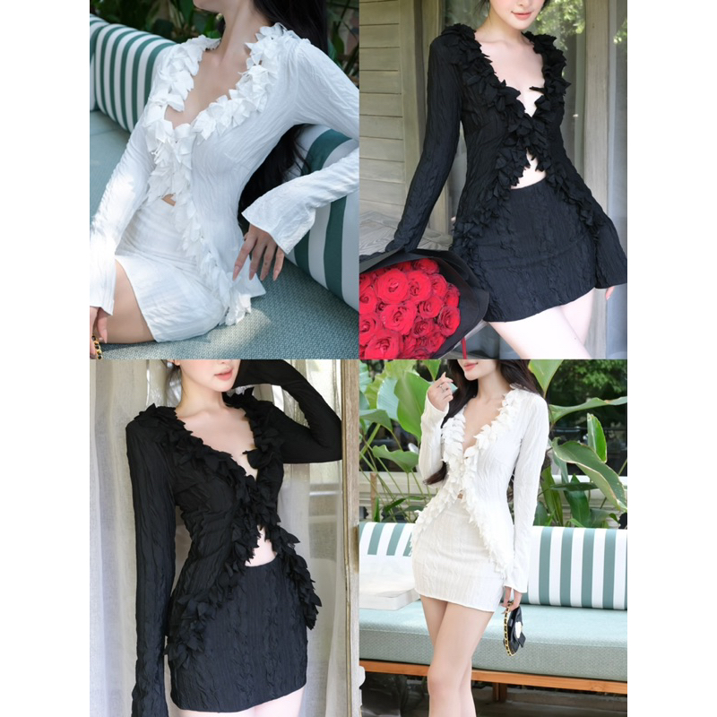 Set of long-sleeved ruffle shirt with floral trim and light stretchy ...