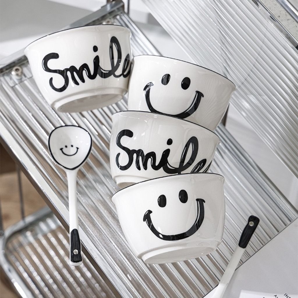 Set of 2 Smiley Face Ceramic Bowls with 2 Super Cute Heat Resistant ...