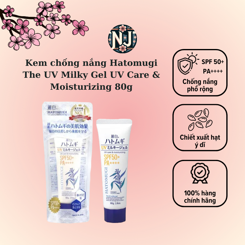Hatomugi Milky Gel UV Care & Moisturizing SPF 50+ PA + + + Moisturizing, Brightening Skin 80g