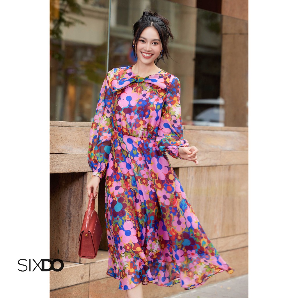 Sixdo Bow Neck Swing Dress (Multicolor Polka Dot Midi Dress) | Shopee ...