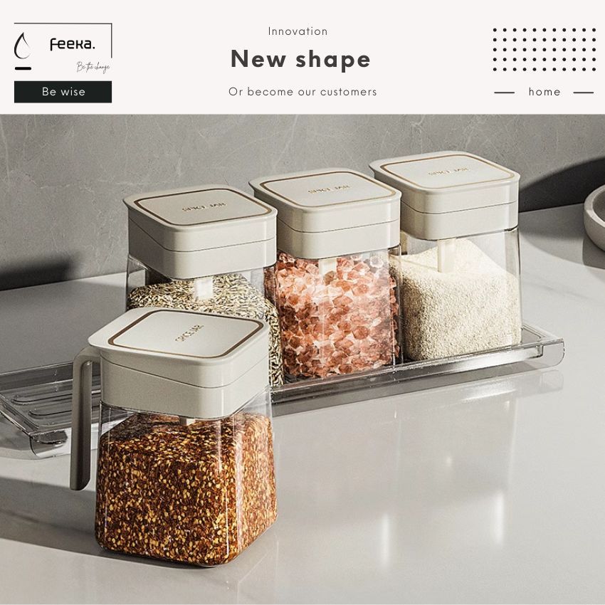 Glass Square Spice Jar With Moisture-Proof FEEKA Spoon, Square Glass ...