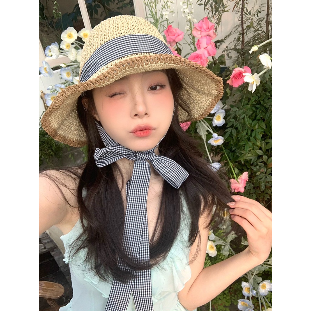 Straw hat (straw cap) soft handmade with super pretty straps waterproof ...