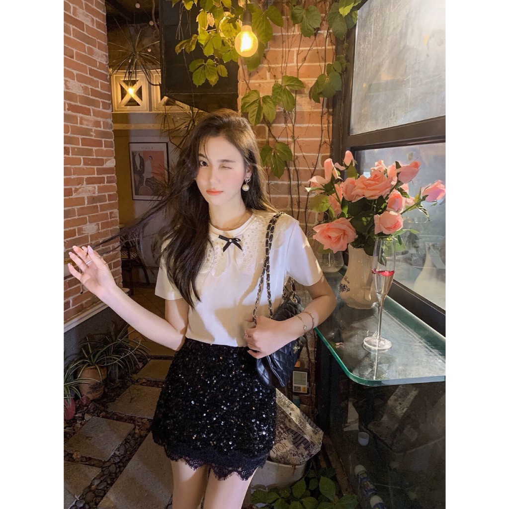 High quality WGWE Guangzhou women's lace collar T-shirt with bow tie ...