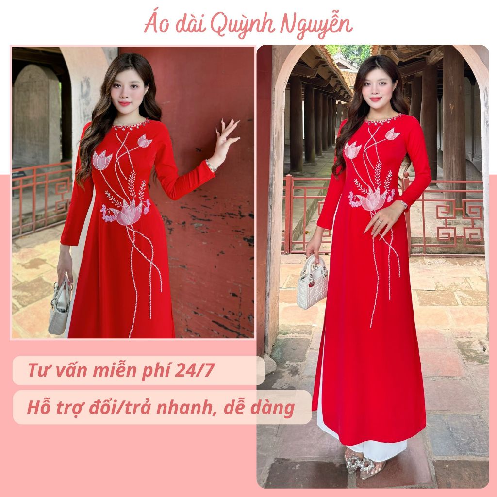 Ao Dai, Ao Dai Hand-Embroidered Design Ao Dai, Bright Red American Silk ...
