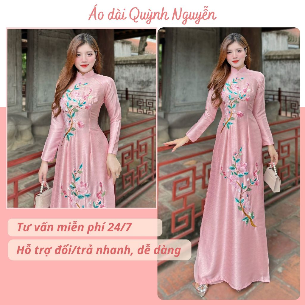 Designed ao dai, hand-embroidered ao dai with wood grain silk ...