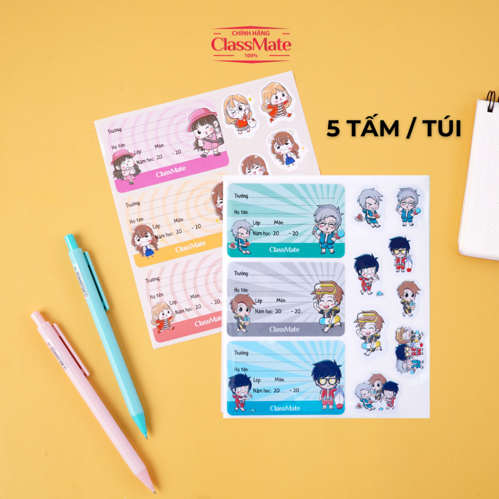 CLASSMATE Notebook Labels with Adhesive and Cute Chibi Stickers, Glossy ...