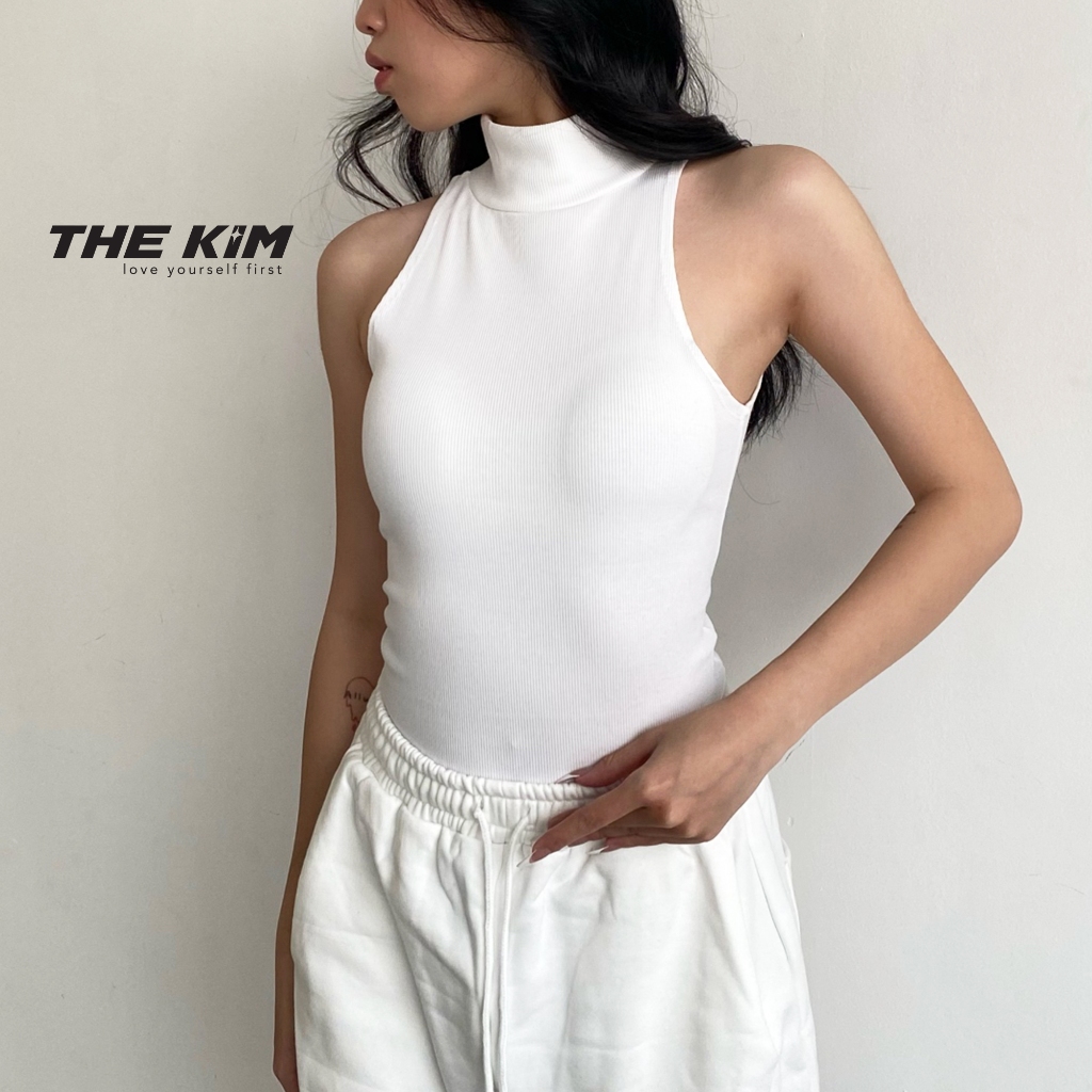 THEKIM tucked-in long, high-collar plain tank top, high-neck 3-hole T ...
