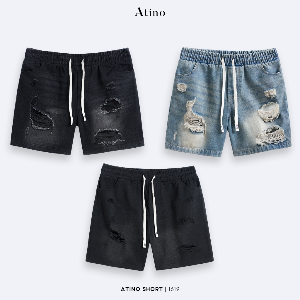 Atino Blue and Black Ripped Jean Shorts for Men, Regular-Fit Cotton ...
