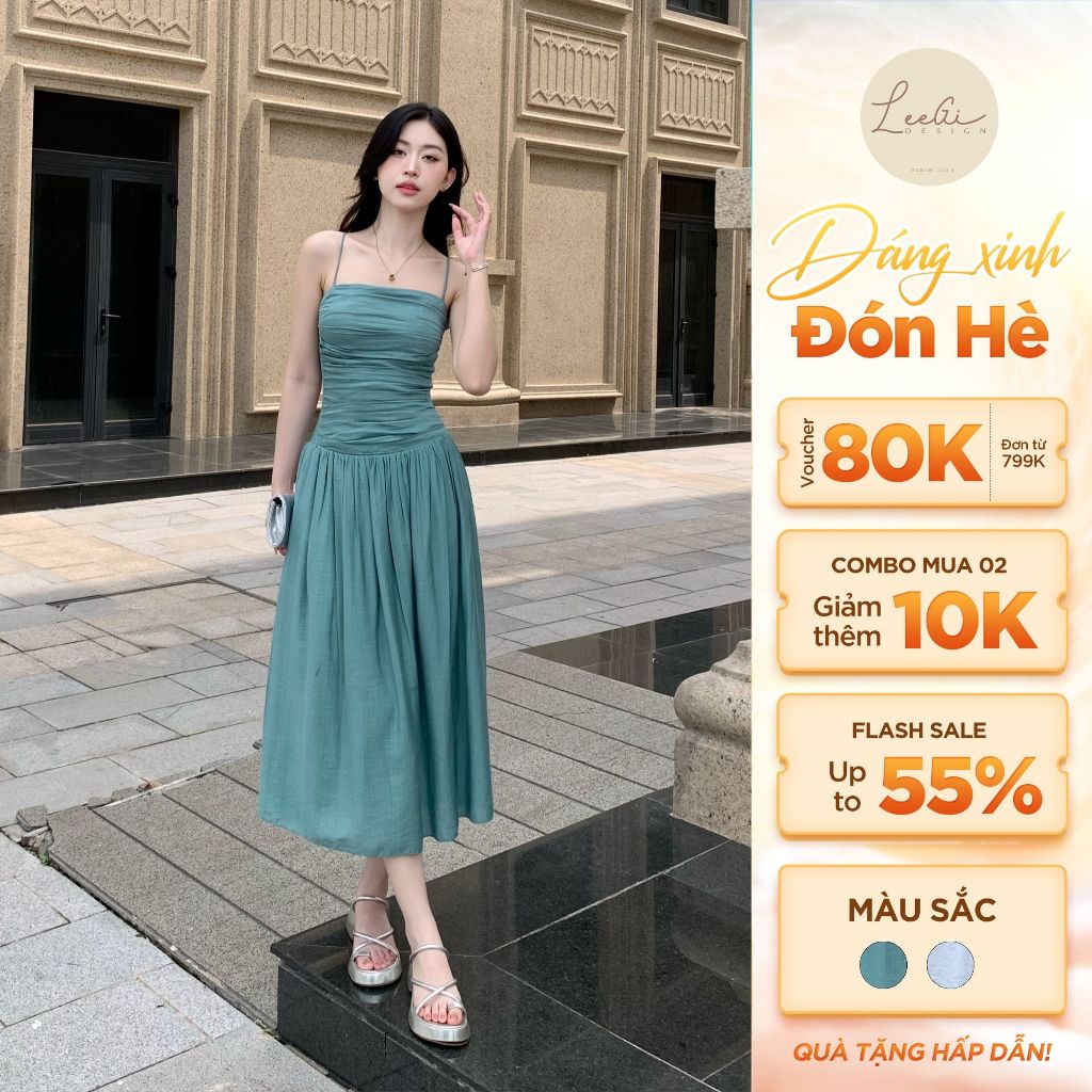 Leegi Design spaghetti straps long chest pleated dress with gentle and ...