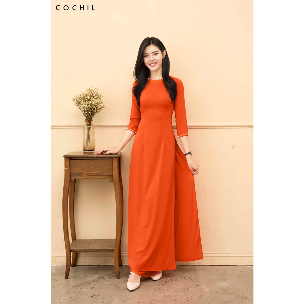 COCHIL traditional ao dai with round neck, short sleeves, embellished ...