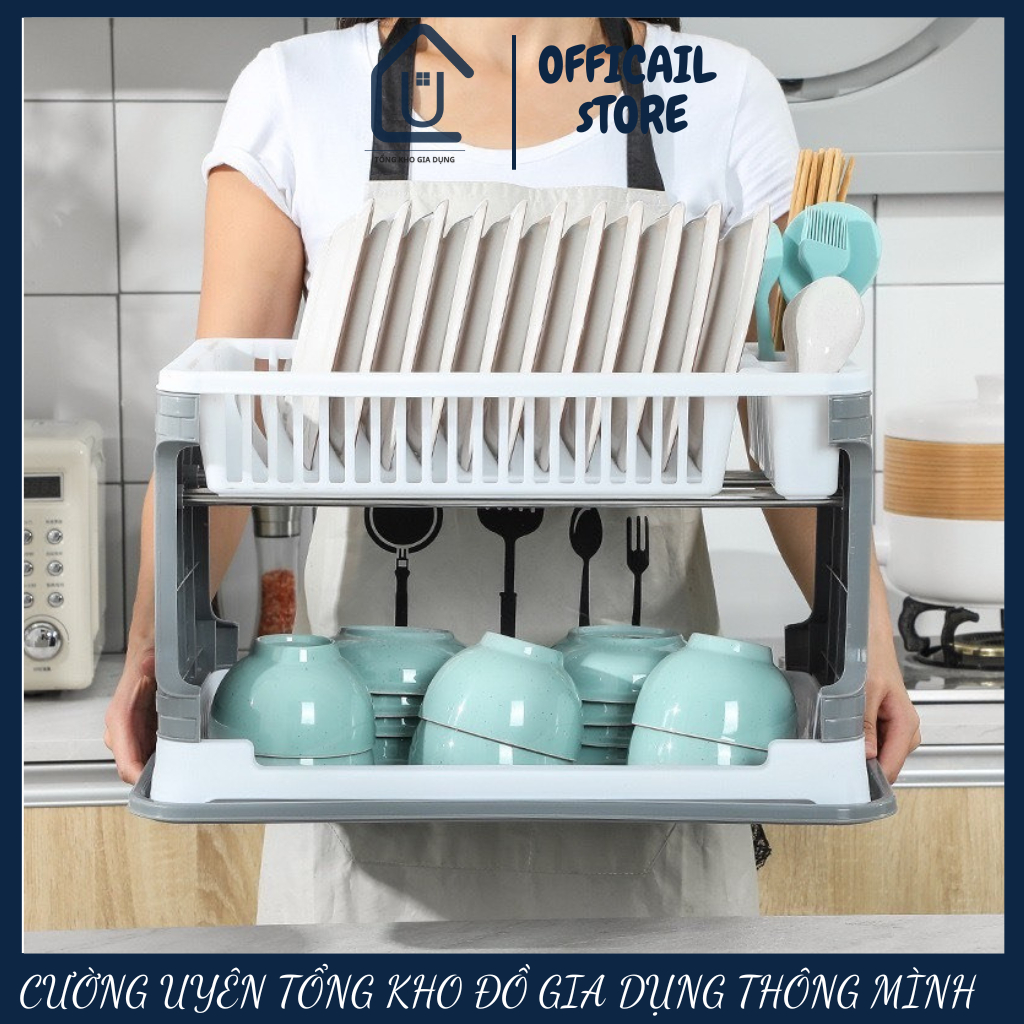 2-tier dish rack, multi-purpose bowl and chopsticks shelf with drip ...