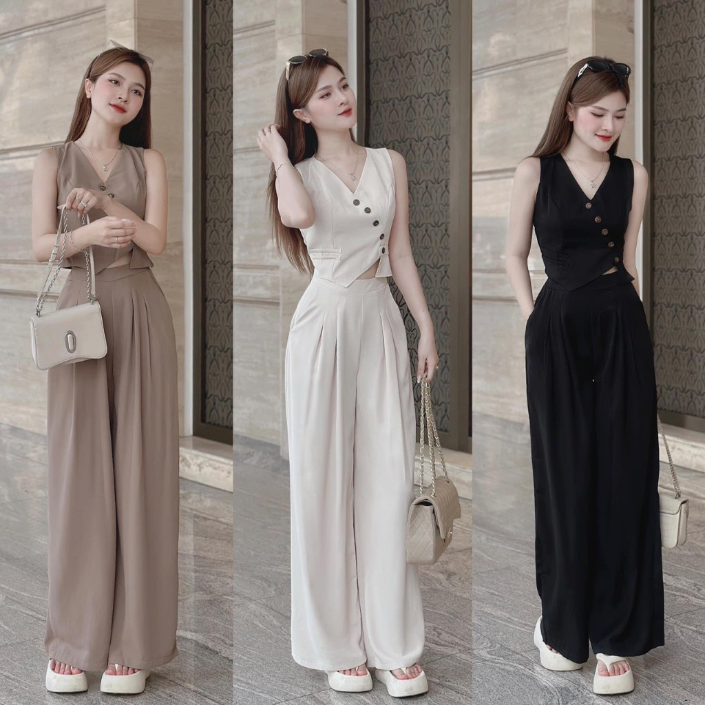 Set Of Khaki Wide-Legged Pants With Fake gile Shirt With Beautiful ...