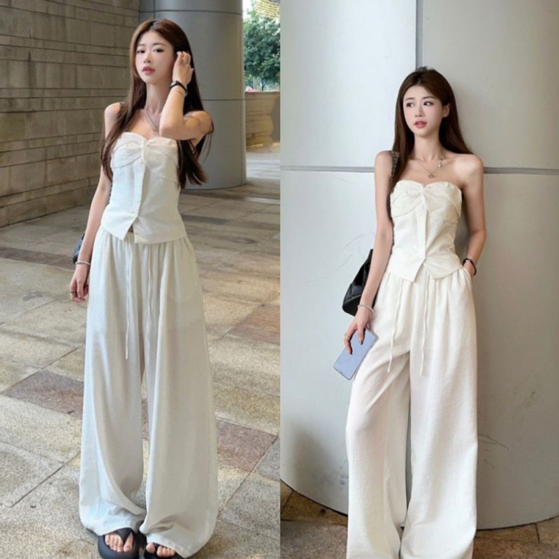 Strapless Top + Straight Pants Set (Real Photos Covered on the Floor ...