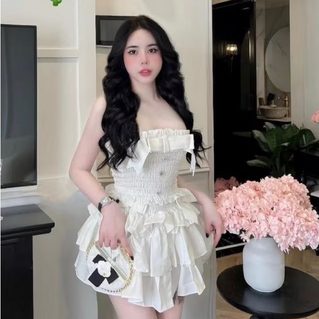 Shrimp tube top set with bow & BC 3layer skirt Shopee Philippines