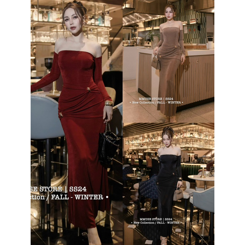 Luxury three-color version of off-the-shoulder dress with fishtail tag ...