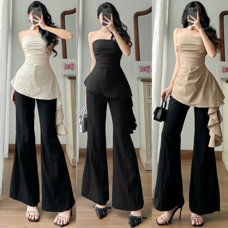 Linen Flared Shirt with Slanted Pleated Flap Draping with Flared ...