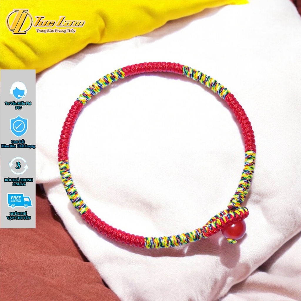 Bracelet with bright red thread braided with Tibetan five-color thread ...
