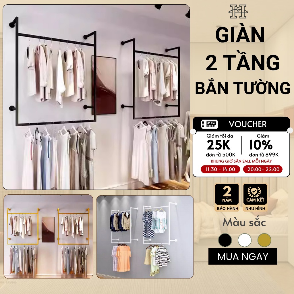 2-tier wall-mounted clothes rack, thick steel hanging rack. 3-color ...