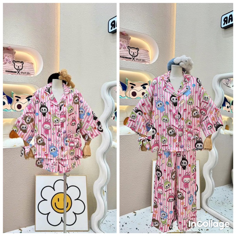 MONYBEAR PIJAMA SET LABUBU BAT SLEEVE PINK STRIPED CAKE (with bow hair ...