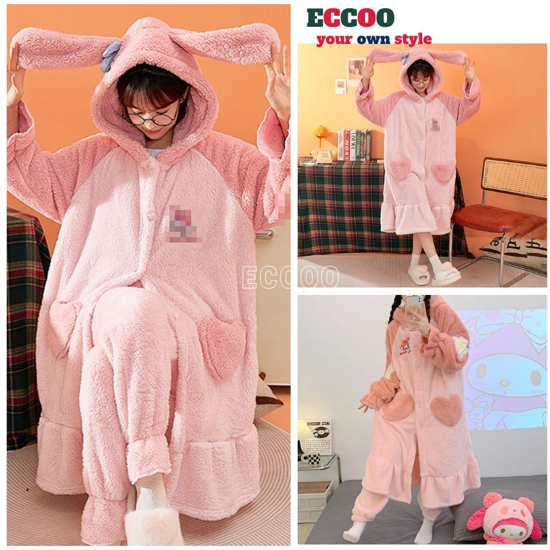 Cute pink rabbit fur nightgown, soft coral fleece pajamas with ...