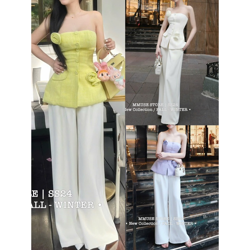 Luxury and elegant strapless floral shirt and loose pants Set | Shopee ...