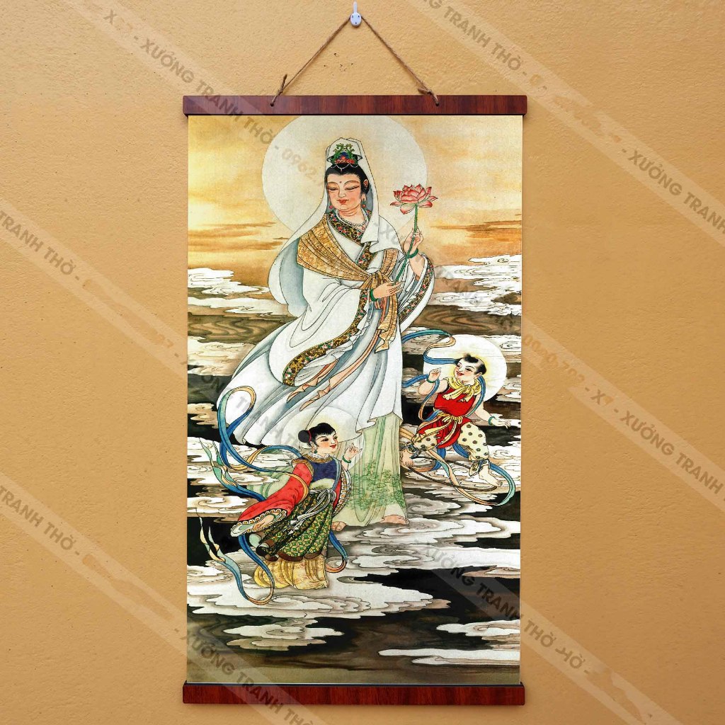 Painting of Bodhisattva Tien Dong Ngoc Nu 30x60cm with wooden brace ...