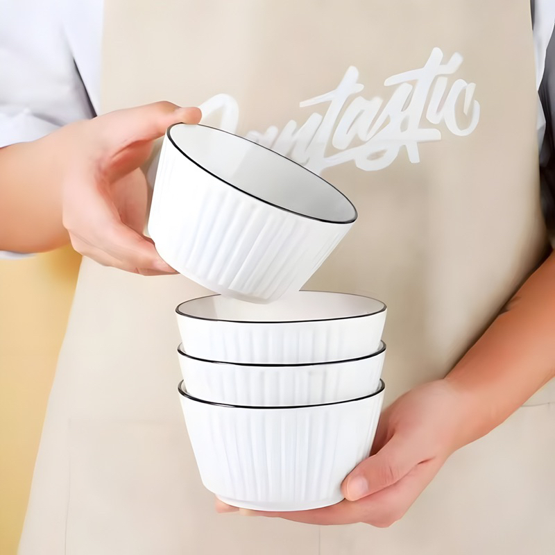 Modern style ceramic rice bowl, white with black border, simple and ...
