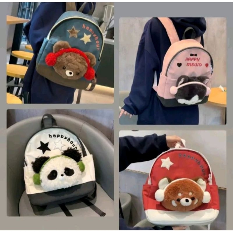School backpack with teddy bears shaped like raccoons, pandas, brown ...
