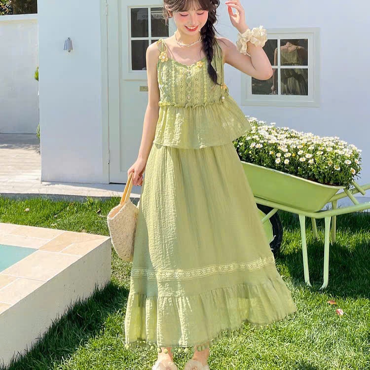 shopee green dress Set of ruffled two-piece with gentle floral lace for summer gold wedding dresses