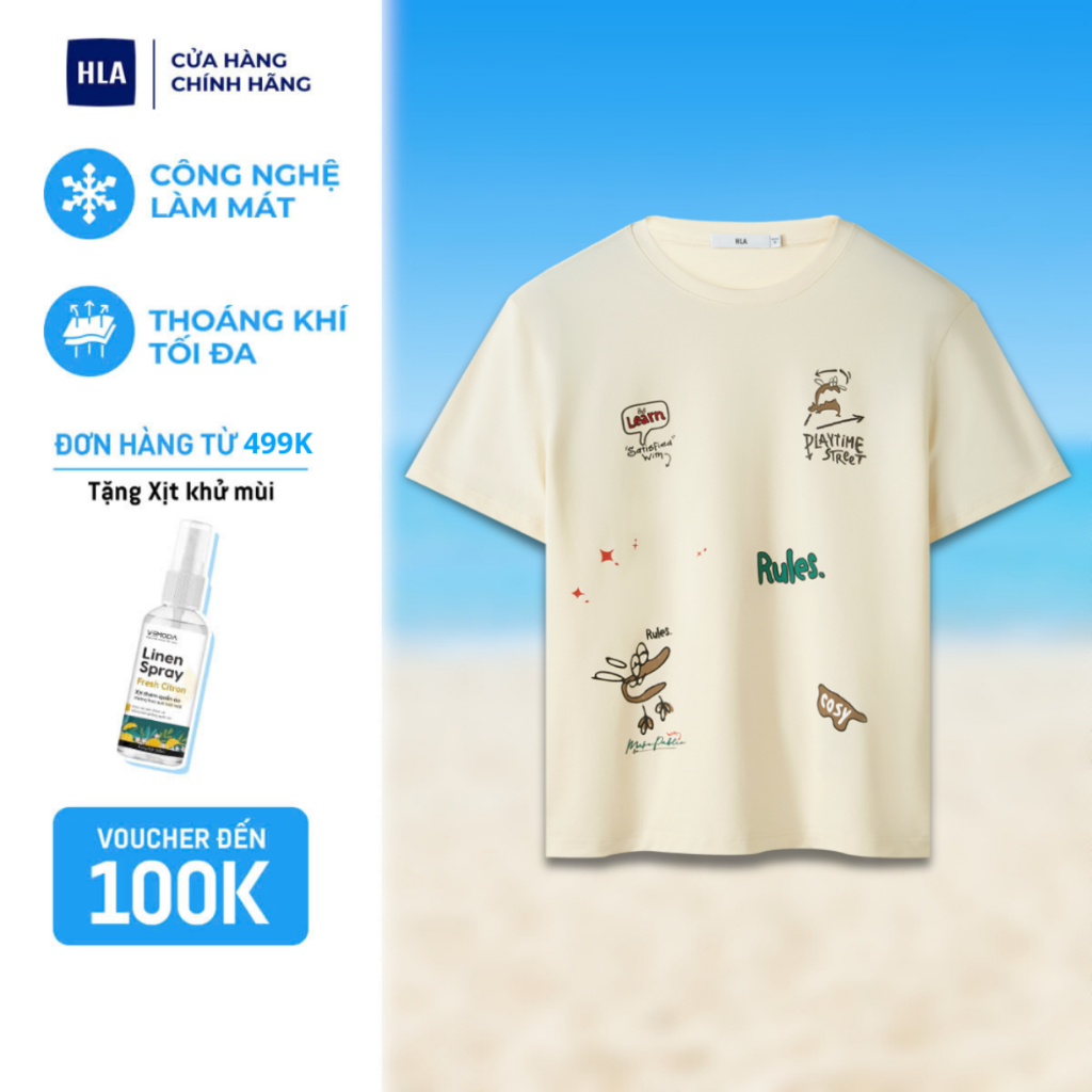 HLA unisex short-sleeved t-shirt in cream color with cartoon patterns ...