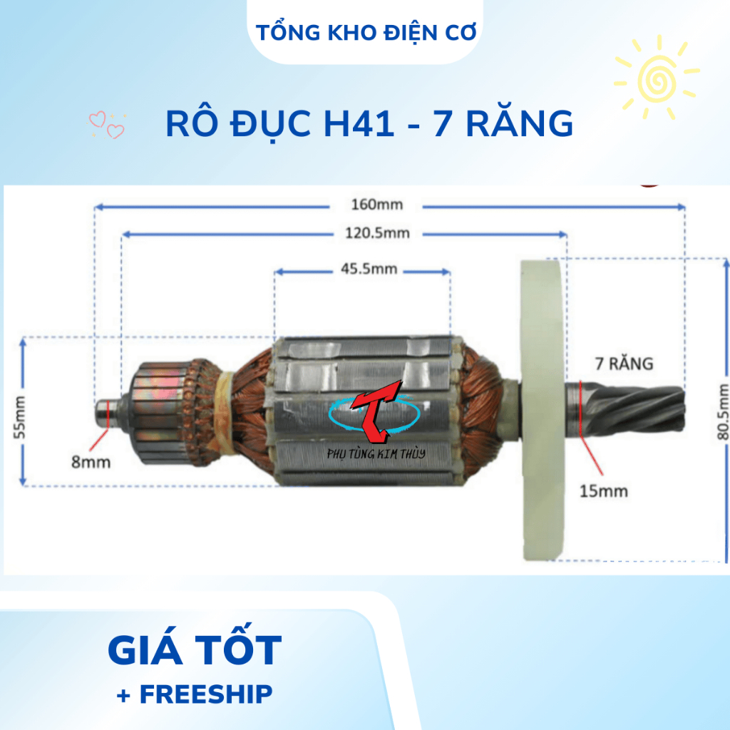 Rotor, machine core, chisel Rotor H41, body 55, length 160mm, 7 teeth ...