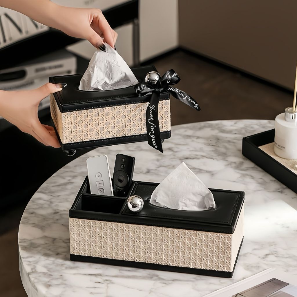 Leather-wrapped tissue box with many storage compartments and bow for a ...