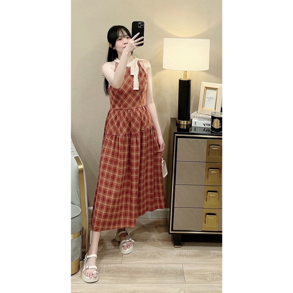 Midi DRESS with checkered camisole with bow tie on one side, waist ...