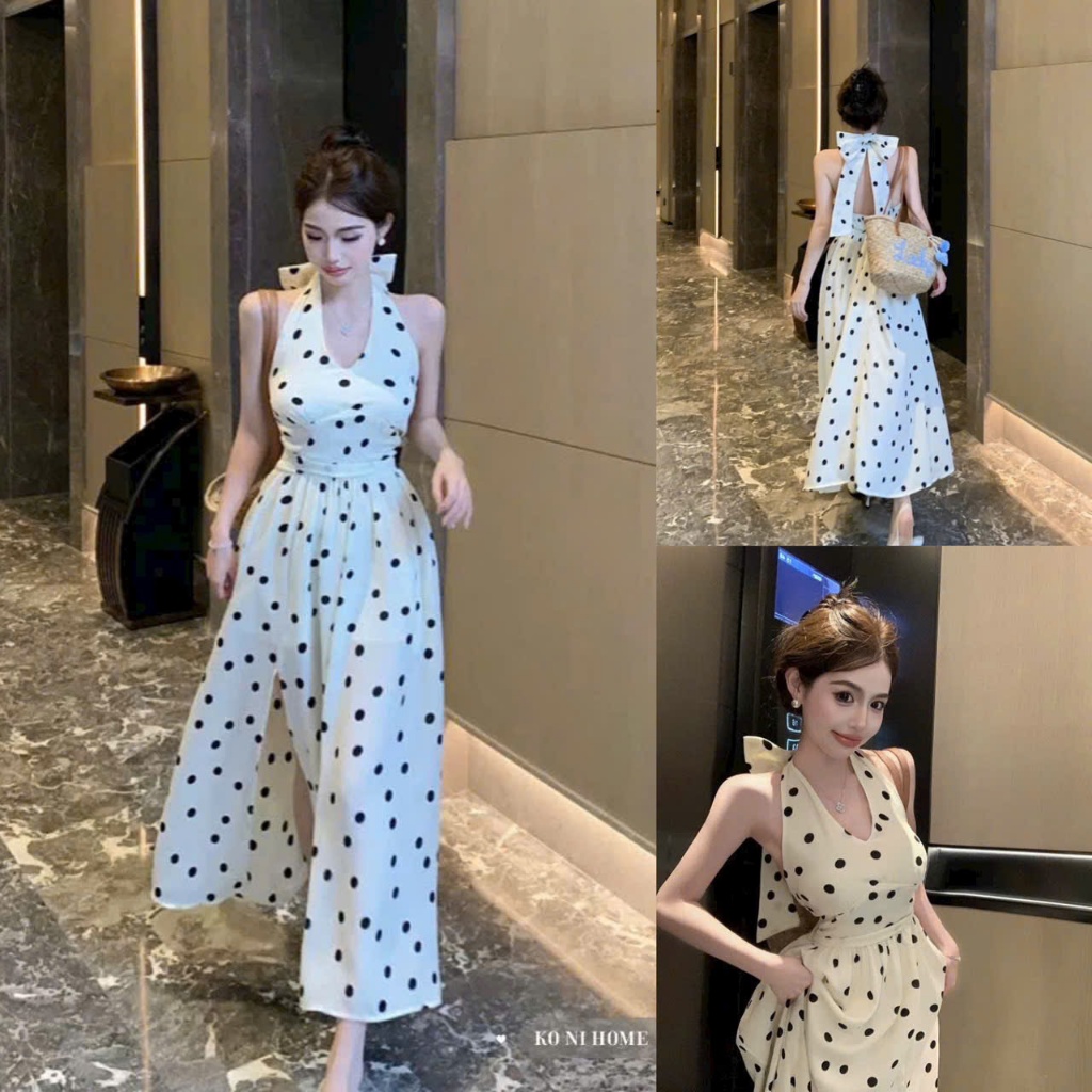 Sam Closet maxi dress with mango polka dots and mocking back with bow