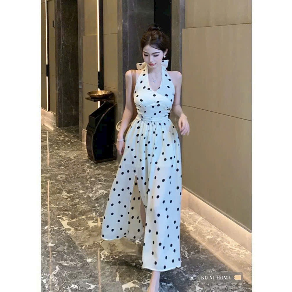 Polka Dot Cami Backless Tie Maxi Dress