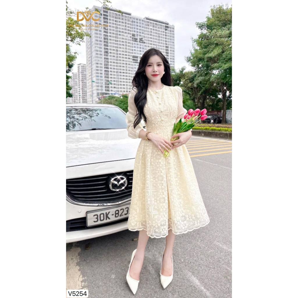 V5254 CREAM LACE DRESS WITH REM NECK AND LONG CHIFFER SLEEVES LADY ...