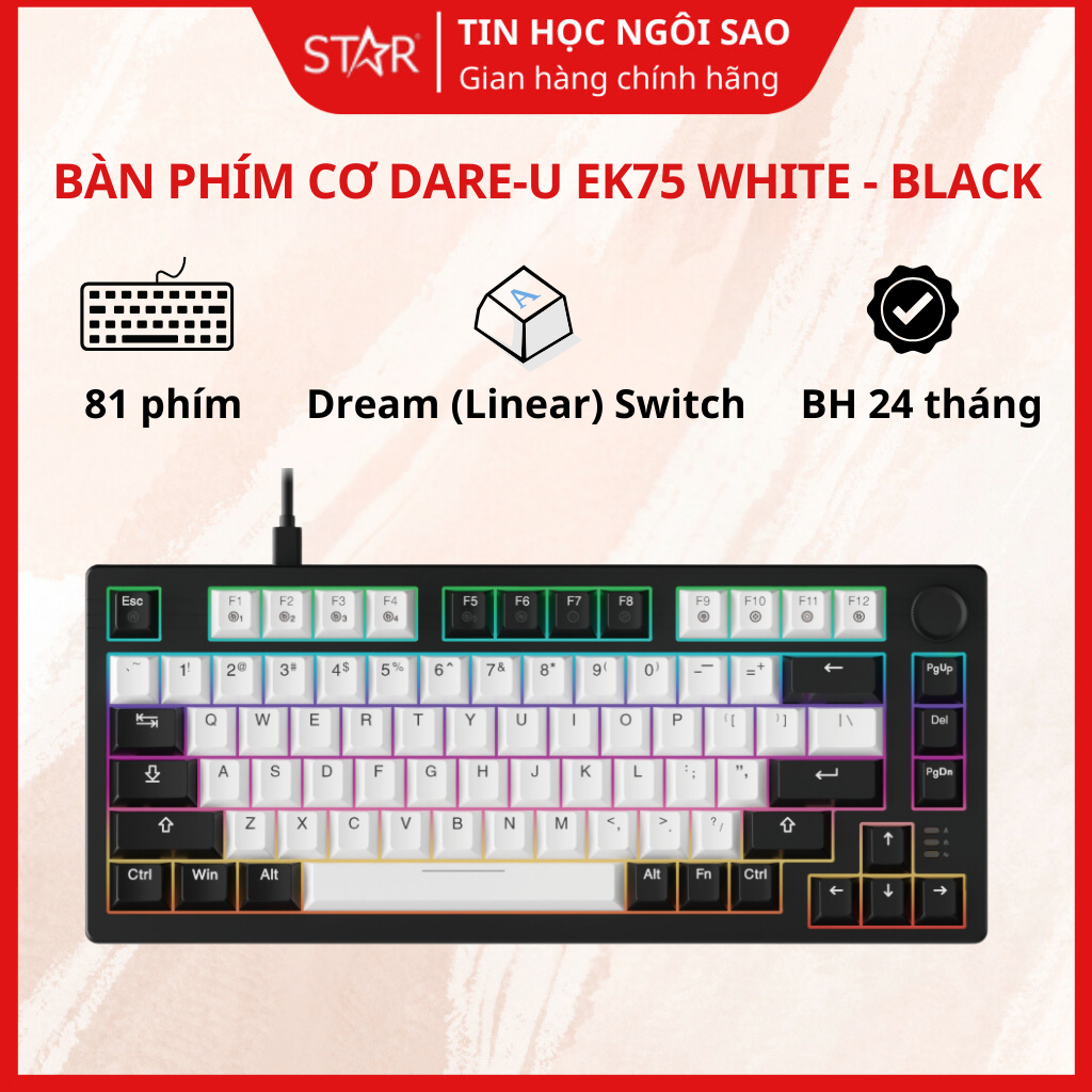 Dareu EK75 White Black Mechanical Keyboard Pbt, Type C, Dream