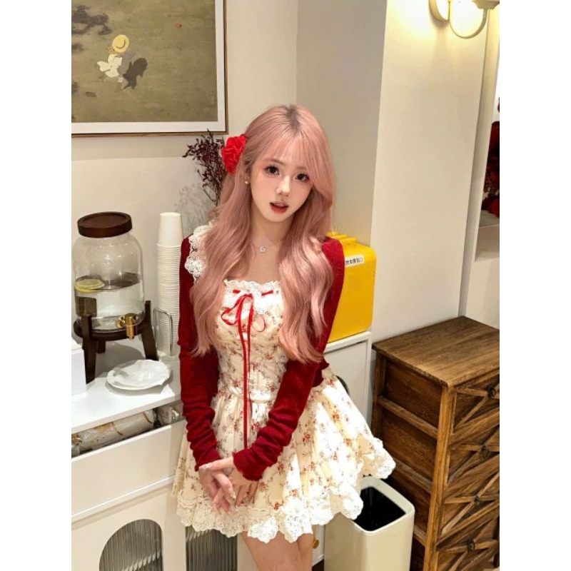 Floral chiffon tiered flared dress with 3-layer lace trim mixed Jacket crop  top [with foam] for women attending parties and traveling V549