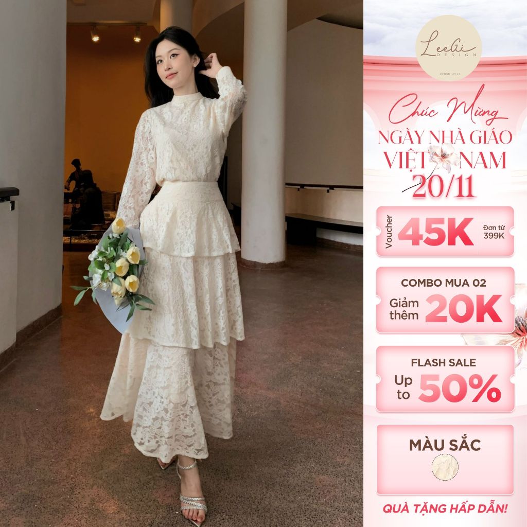 Leegi Design Luxurious Lace Long Sleeve 3-Layer Dress Set for Weddings ...
