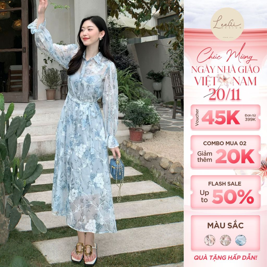 Leegi Design Blue Floral Shirt Dress with Soft Silk Sleeves (Inner ...