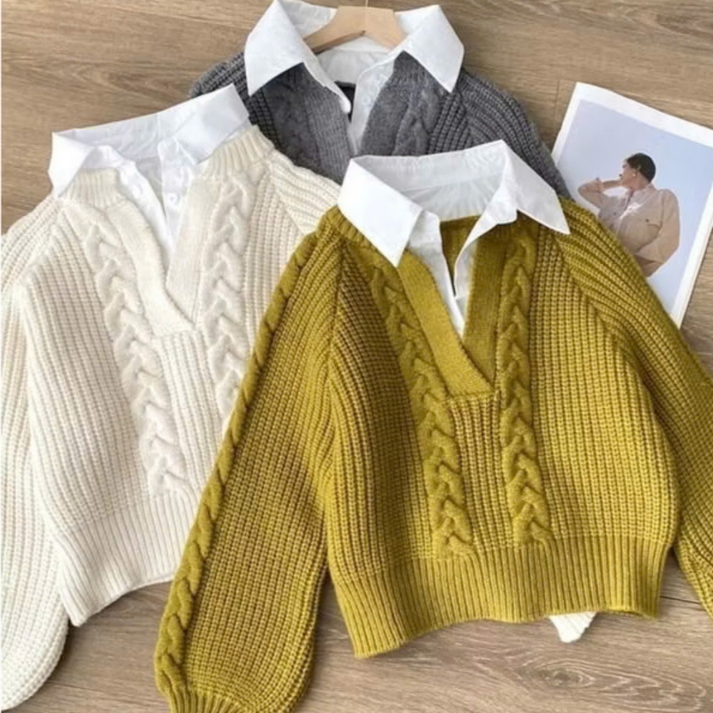 Croptop wool coat with rope pattern, easy to coordinate shirt collar ...