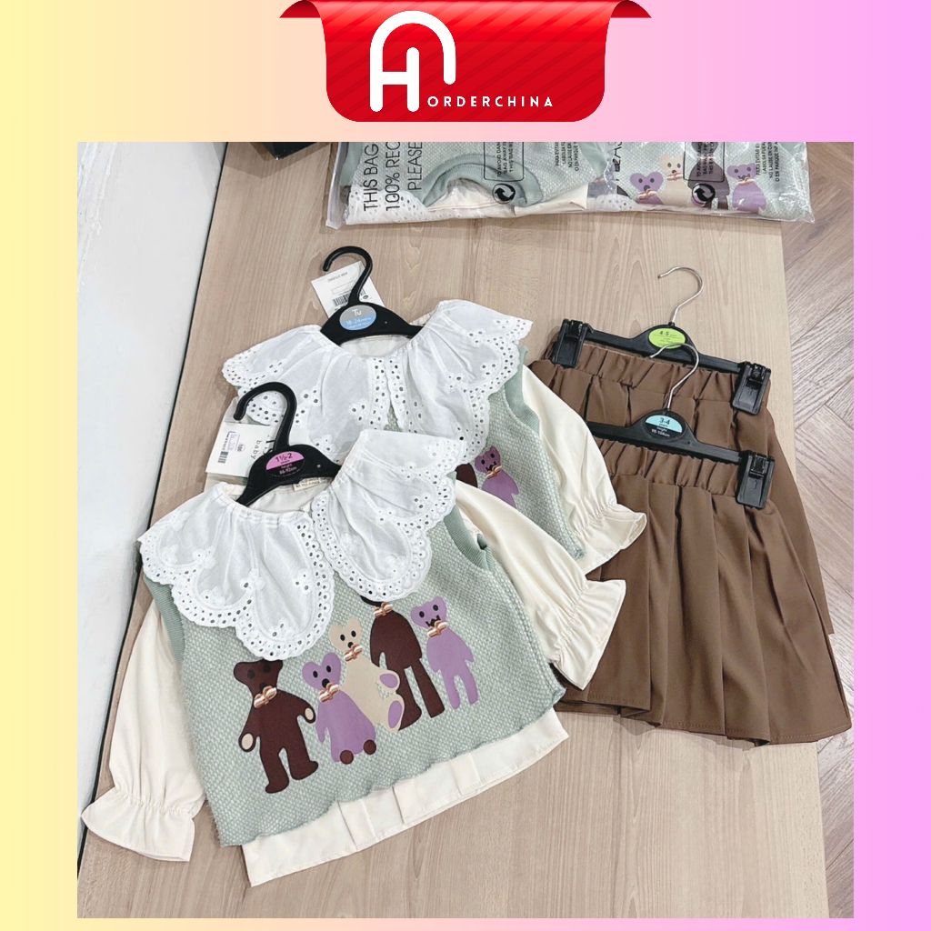 Tuscany Blue Fur Vest Ivory LS Tee & Vintage Floral Skirt Set