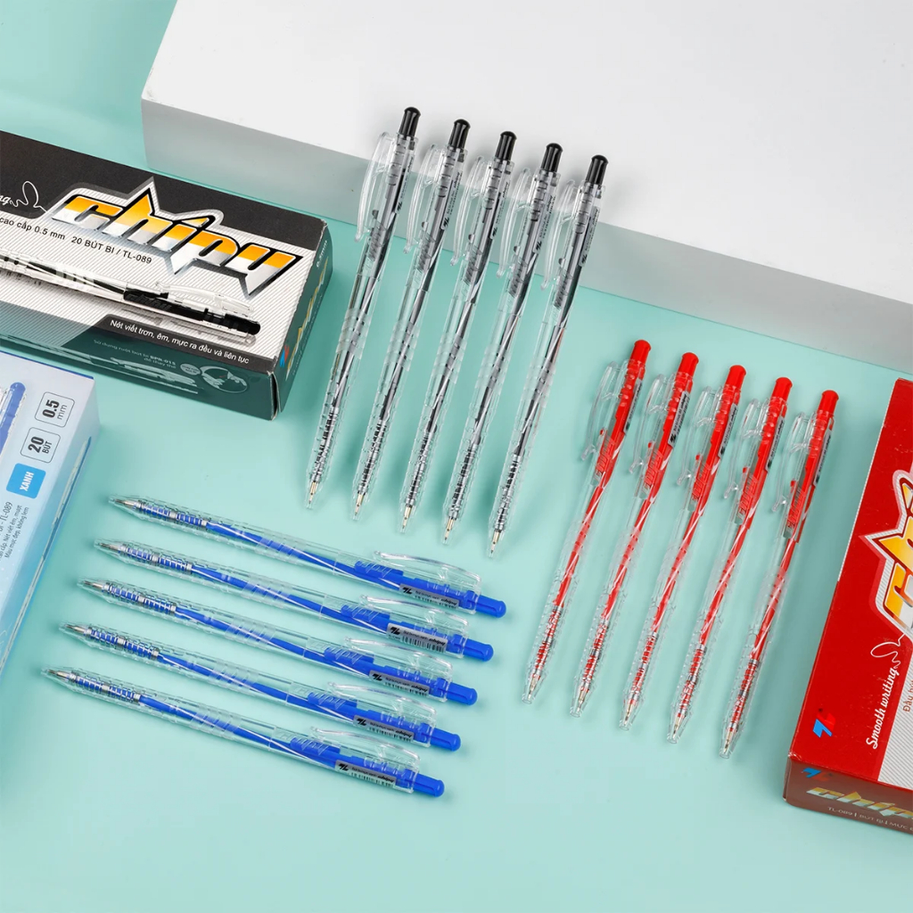 COMBO of 5 Thien Long TL-089 ballpoint pens, 0.5mm nib, blue/red/black ...