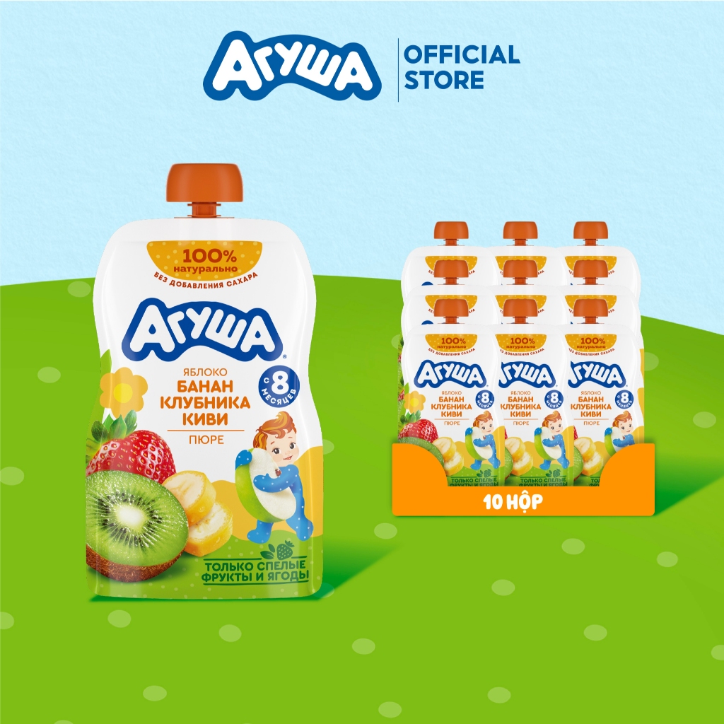 Carton of 10 packs of Agusha apple, banana, strawberry and kiwi fruit ...