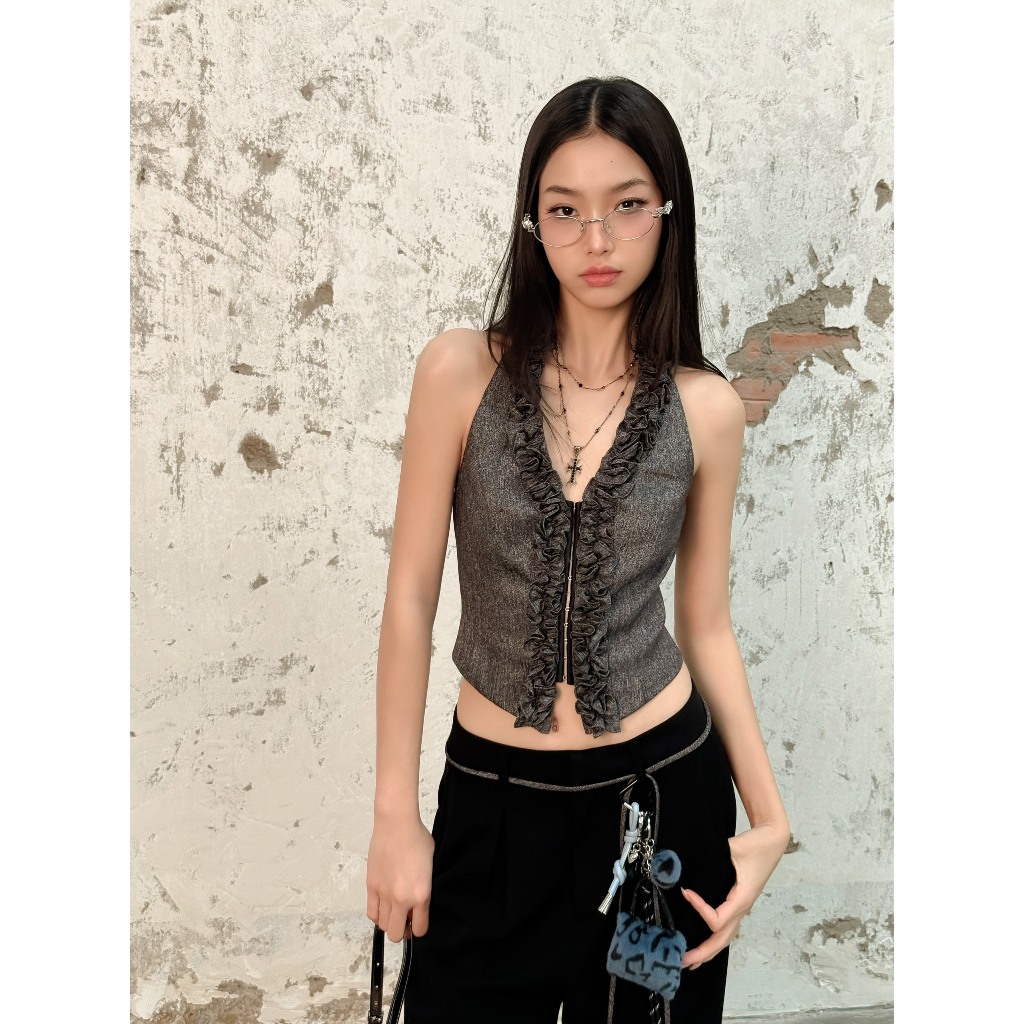 Gile Shirt with Camisole Collar and Ruffled Elastic Waist in Mother of ...
