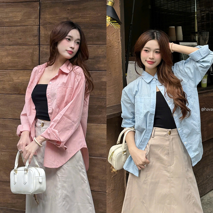 Basic rough shirt with square pockets and embossed stripes on both ...