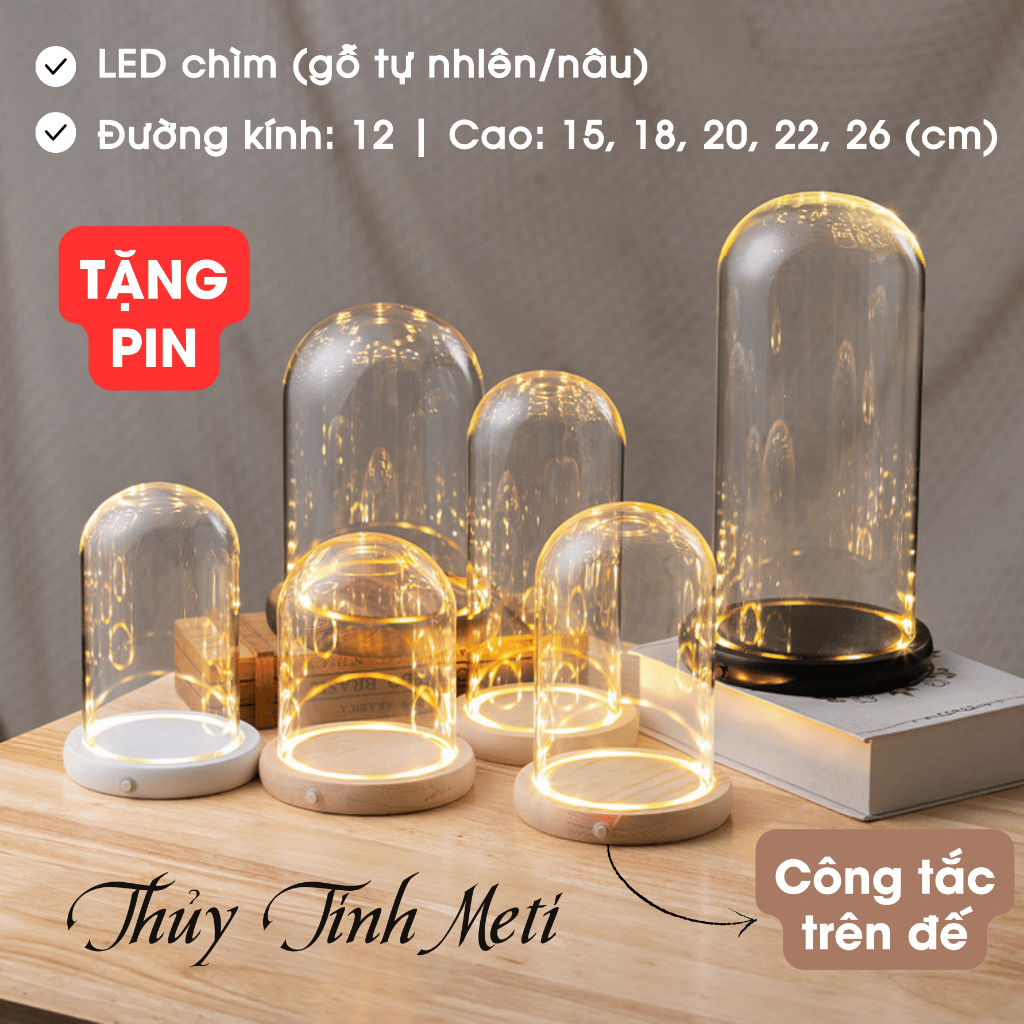 Glass shade with wooden base, recessed LED light, diameter 12cm, switch ...