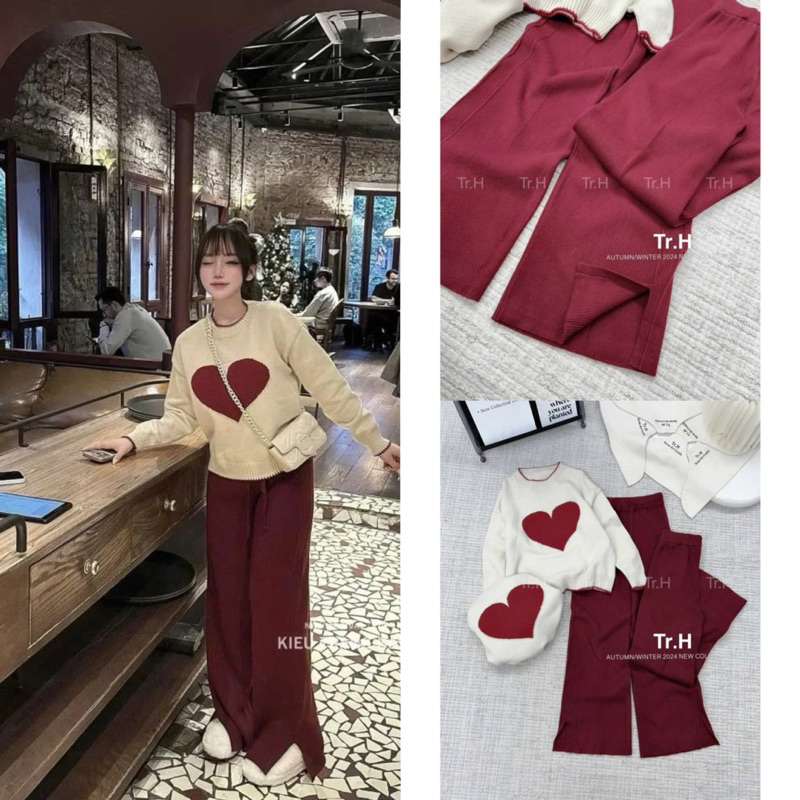 Red heart beige sweater set + red slit wool pants | Shopee Philippines