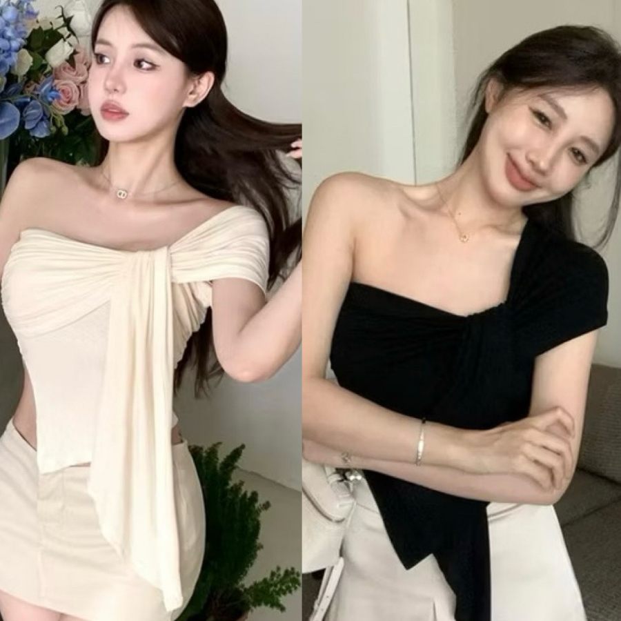 Women's off-the-shoulder crop top with long bow tie in stretchy elastic ...